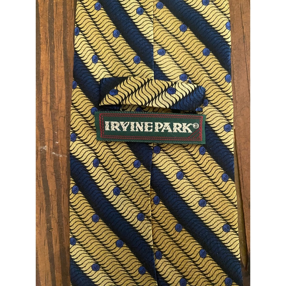 Irvine Park‎ Mens Silk Necktie Navy Blue Gold Diagonal Stripe Swirl Dot Handmade